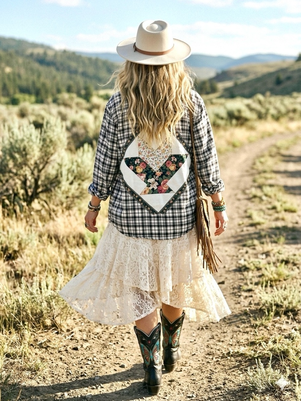 Upcycled folk patchwork print vibe back detailing flannel shirt cottagecore feel